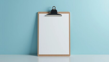 Minimalist Clipboard Mockup Blank Paper, Blue Background, Business Charts, 4K Resolution