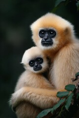 Obraz premium A mother and baby monkey sitting together, showing affection.