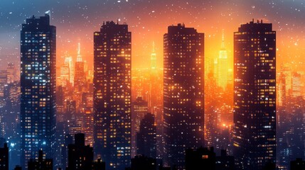 Obraz premium Snowy night cityscape with glowing skyscrapers and distant skyline