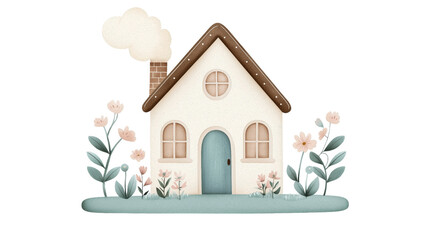 Cozy illustration of charming house with chimney, surrounded by flowers and greenery, evoking warm and inviting atmosphere