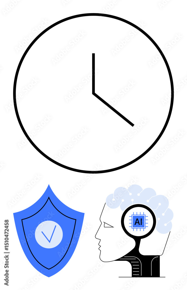 Poster clock symbolizing time, shield representing security, human profile with ai brain highlighting techn