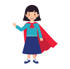 Happy girl superhero in red cape cartoon illustration