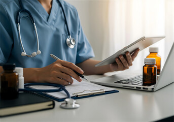 A medical professional is working at a desk during the daytime, utilizing various tools including documents, a tablet, and a laptop for administrative or clinical tasks in a medical setting.