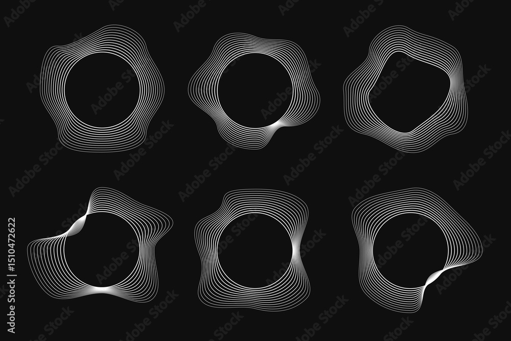 Poster set of round curved frames with dynamic wavy stripes
