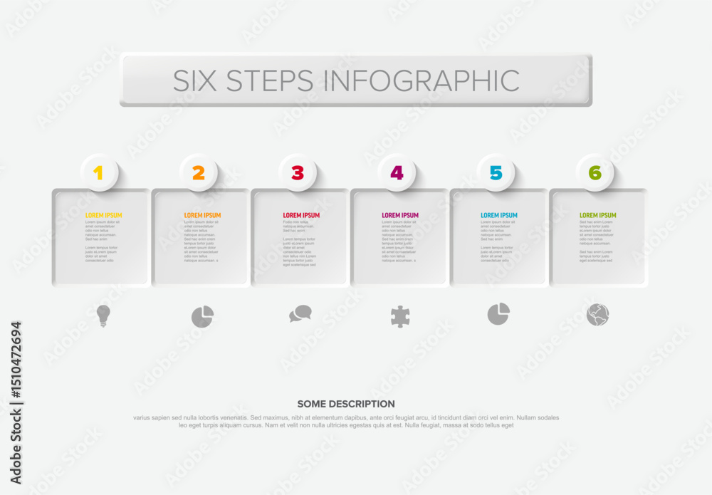 Poster clean and modern six steps horizontal infographic diagram template. this simple six steps diagram fe