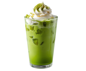 Refreshing matcha green tea beverage with whipped cream topping, cut out transparent