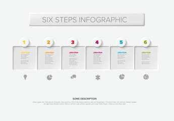 Clean and modern six steps horizontal infographic diagram template. This simple six steps diagram features numbered boxes with text fields and various icons for process visualization.