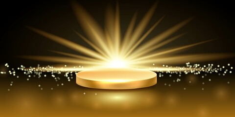 Podium. Luxurious golden podium with sparkles. Empty showcase for your product in the glow of gold....