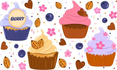 Set of vector muffins. Muffin with cream and fruits and decoration. Nut muffin, berry muffin, chocolate muffin. Bright color: pink, purple, beige and brown. Hand drawn illustration, isolated 