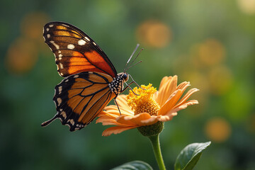 Fototapeta premium A vibrant orange butterfly delicately feeds on a bright orange flower. The warm sunlight illuminates the scene, creating a tranquil and beautiful moment in nature.