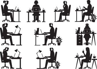 Remote workers silhouettes diverse workspaces home office scenes