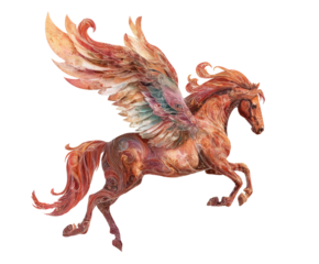 Vibrant winged horse galloping through a mythical landscape, cut out transparent