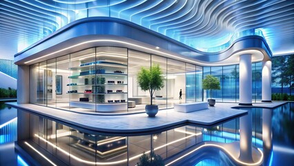 Futuristic Architectural Design Modern House with Stunning Blue LED Lighting and Infinity Pool