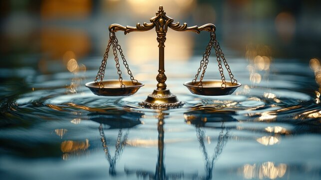 Golden scales of justice on rippling water