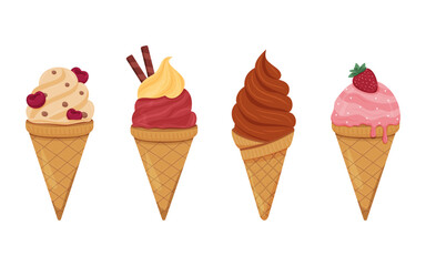Four ice cream cones feature unique flavors and toppings in vibrant colors.