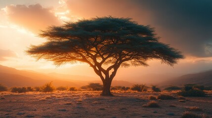 Golden sunset, lone acacia tree, African savanna