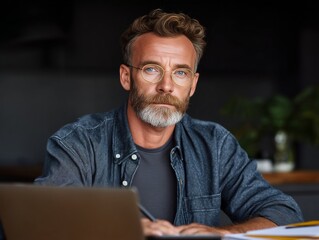 A man in glasses is sitting at a desk, deeply engrossed in analyzing papers. The office has a modern feel with a computer in front of him.