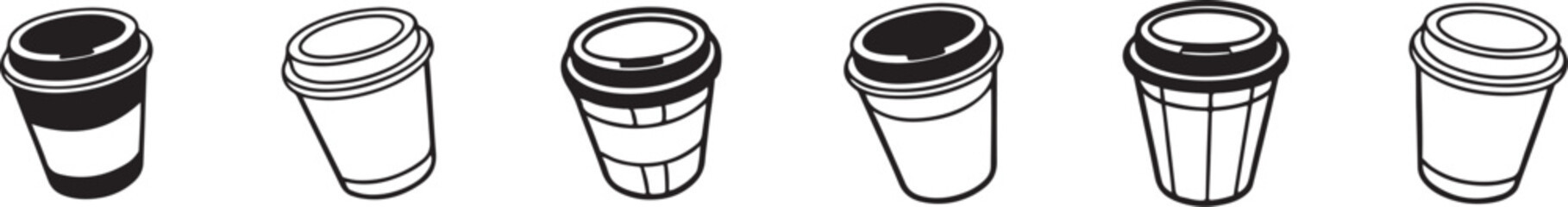 Hand Drawn Coffee Cups with Holiday and Winter Designs, Festive Seasonal Takeaway Mug Collection in Black and White Illustration.