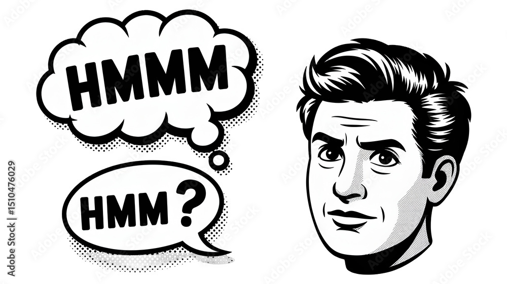Poster close up of a man's face in a retro pop art style with thought and speech bubbles containing the exp