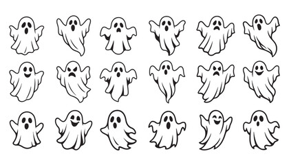 Minimalist black and white vector illustrations for Halloween ghost and spooky designs