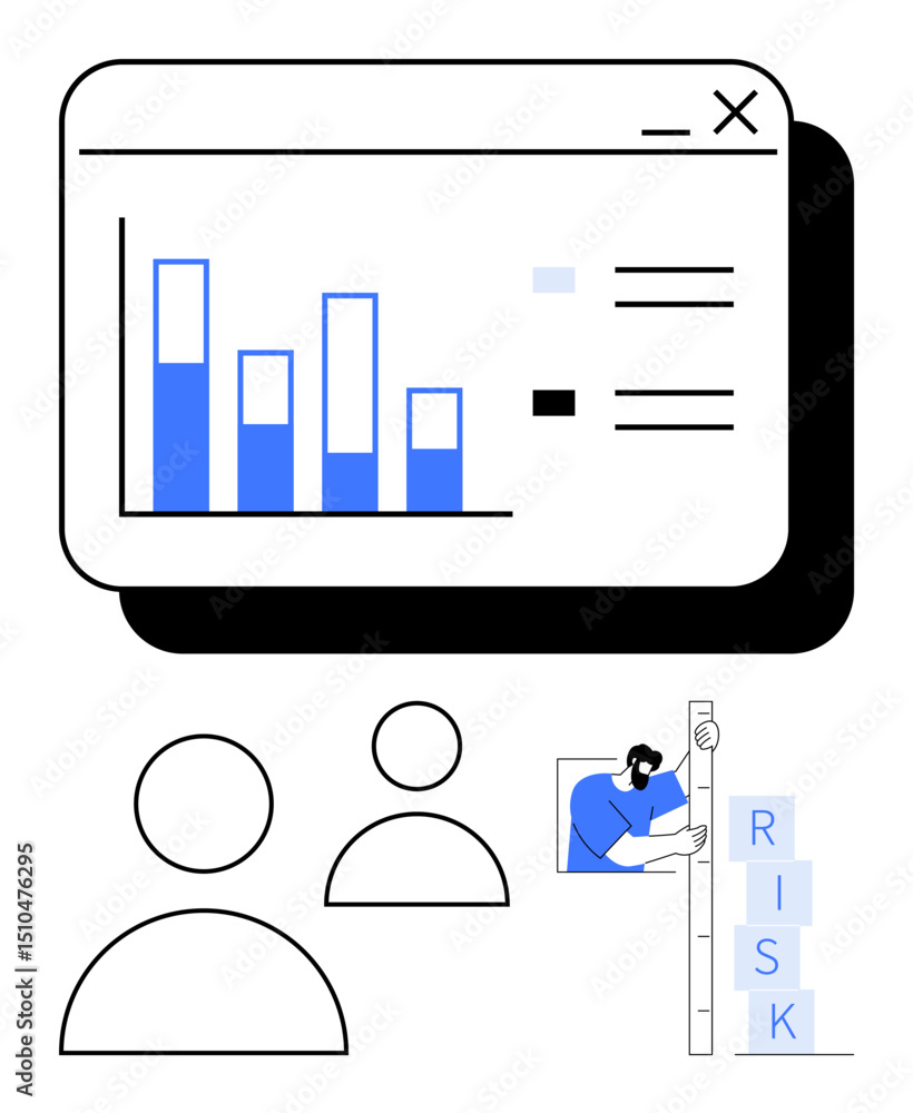 Poster bar chart with three figures representing users and a person balancing risk blocks. ideal for analyt