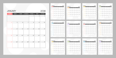Monthly calendar rainbow square planner schedule for 2026 year. Week Starts on Sunday