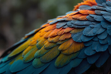 Obraz premium Close-up of vibrant blue, orange, and teal parrot feathers. Nature's masterpiece!
