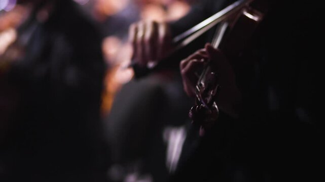 Concert view of violinist with vocalist and musical band, fiddler performing classical music, symphony orchestra performing music, violin player on stage in a club, music arena hall, fiddle and bow