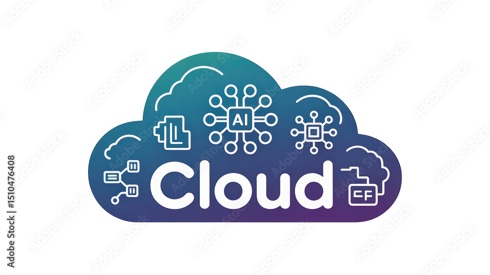 Poster cloud computing concept showcasing artificial intelligence, data storage, and network connectivity w