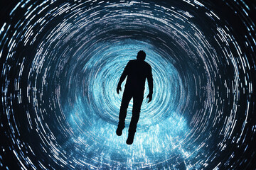 Man being pulled into a digital vortex silhouette