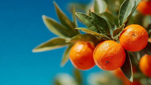 Fresh mandarin oranges hanging on a tree branch under a clear blue sky