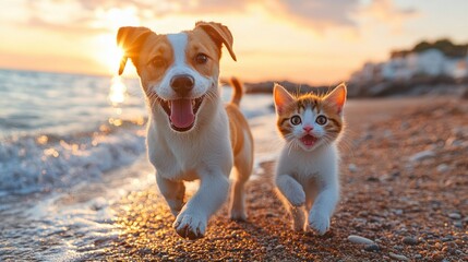 Happy pets running on beach at sunset
