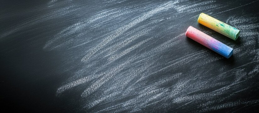 Empty dark school chalkboard with colored chalk. Back to school concept with copy space