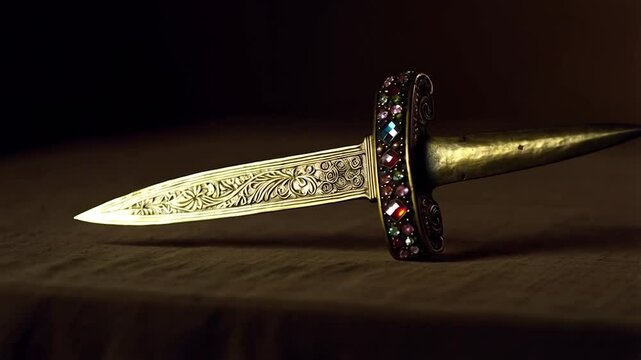 Ornate, jeweled dagger on a dark surface