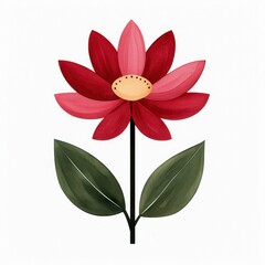 Watercolor Style Red Pink Flower Illustration with Green Leaves on