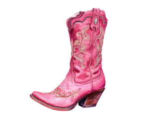 Pink cowboy boot with intricate design for western style fashion, cut out transparent