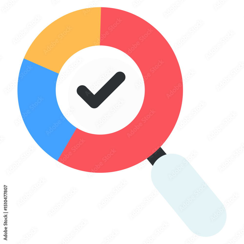 Poster magnifying glass with approved pie chart data analysis icon