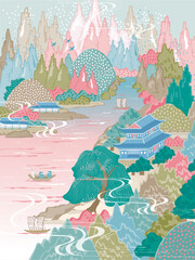 산과 강이 있는 현대적인 한국 풍경 벡터 일러스트	