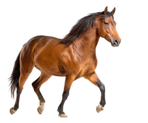 Brown horse walking gracefully in motion on clear backdrop, cut out transparent