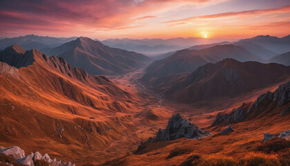 Obraz premium A mesmerizing landscape of a stunning mountain range enveloped in warm hues of orange and pink, with the sun