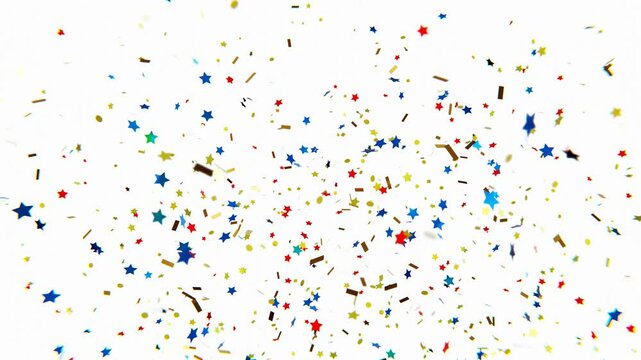 Colorful fireworks of colored confetti explodes on a white background, animation of the explosion and fall of confetti in 4K format, 3D animation frames, confetti bomb effect from the inside