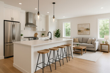 Large kitchen island in white, glossy cabinets, stainless steel appliances.