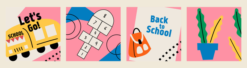 Set of Back to school cards. Flat style education icons, symbols, doodles on pink square background. Art collage, papers, hand drawn fun design elements. Bright colorful school subjects concept.