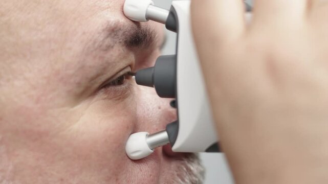 A device for measuring intraocular pressure. Close-up of the eye during diagnosis. The concept of ophthalmologic diagnosis and treatment.