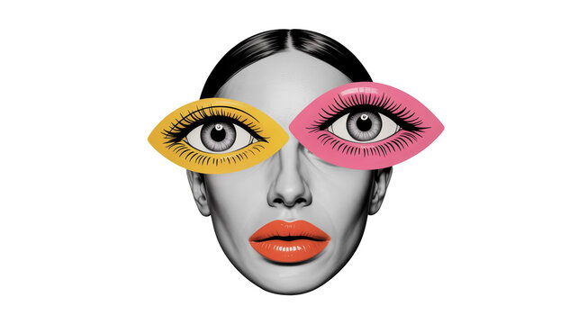 Modern art collage featuring a greyscale woman's face with vibrant orange lips and oversized, colorful eyes, set against a transparent background, creating a striking visual