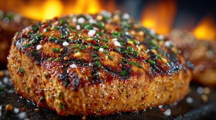 Juicy, perfectly seared steak with vibrant seasoning blend of green herbs, red pepper flakes, and white salt crystals, showcasing deep grill marks on a dark surface. Background features warm, blurred 