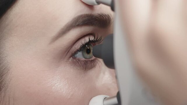 Close-up of eye pressure measurement with a modern applanation tonometer. Concept of ophthalmologic diagnostics and modern technologies.