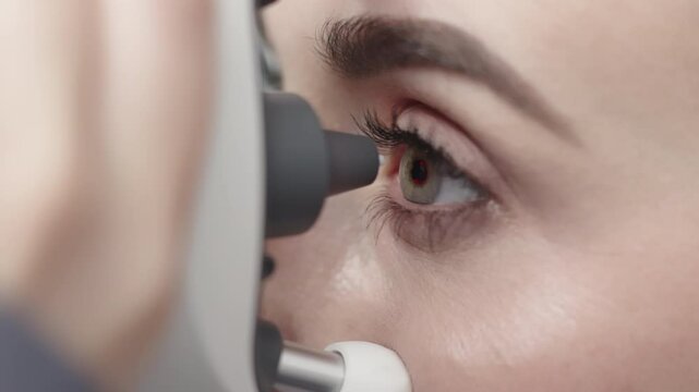 A woman measures her eye pressure with a modern portable tonometer in close-up. Concept of ophthalmologic diagnosis and treatment.