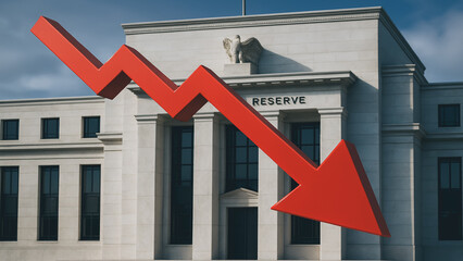 Economic Downturn at the Federal Reserve: A bold red arrow plunges downward against the backdrop of a stately government building.