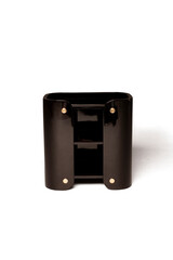 Glossy dark brown wooden nightstand with rounded edges and gold colored details. Please see some similar pictures from my portfolio